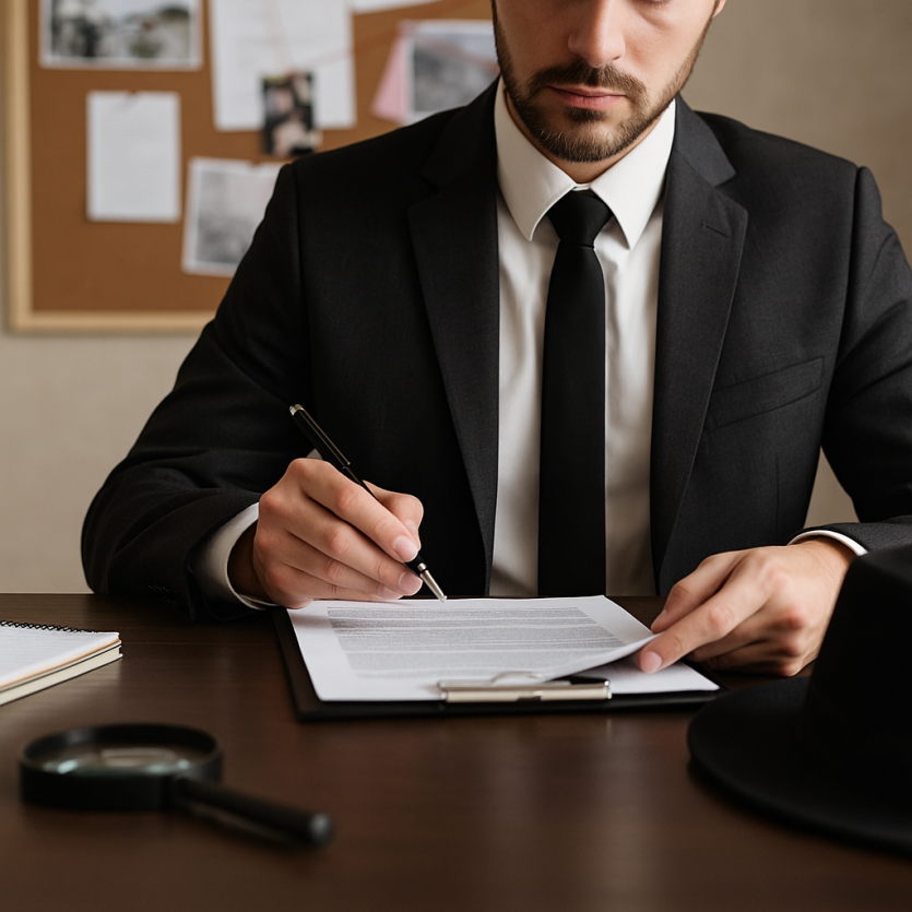 흥신소심부름센터 업무 이미지, 사무실에서 문서를 검토하는 남성 조사원의 모습