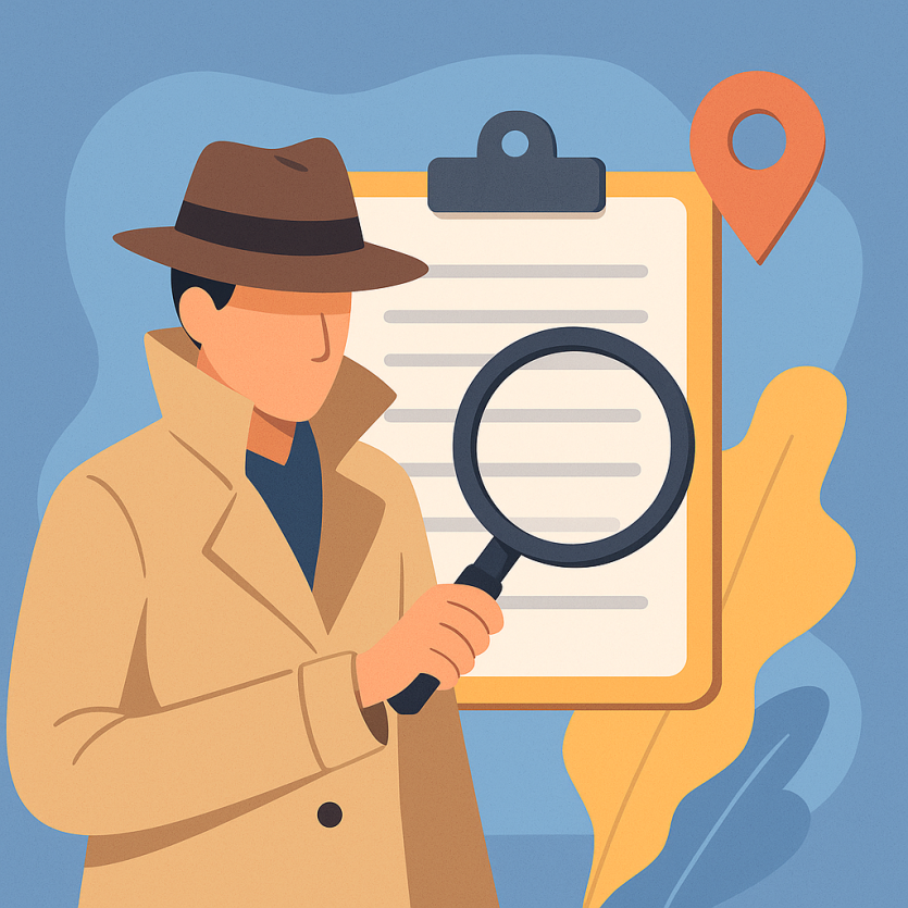 트렌치코트를 입은 탐정이 확대경을 들고 문서를 조사하는 모습을 담은 현대적 일러스트 이미지