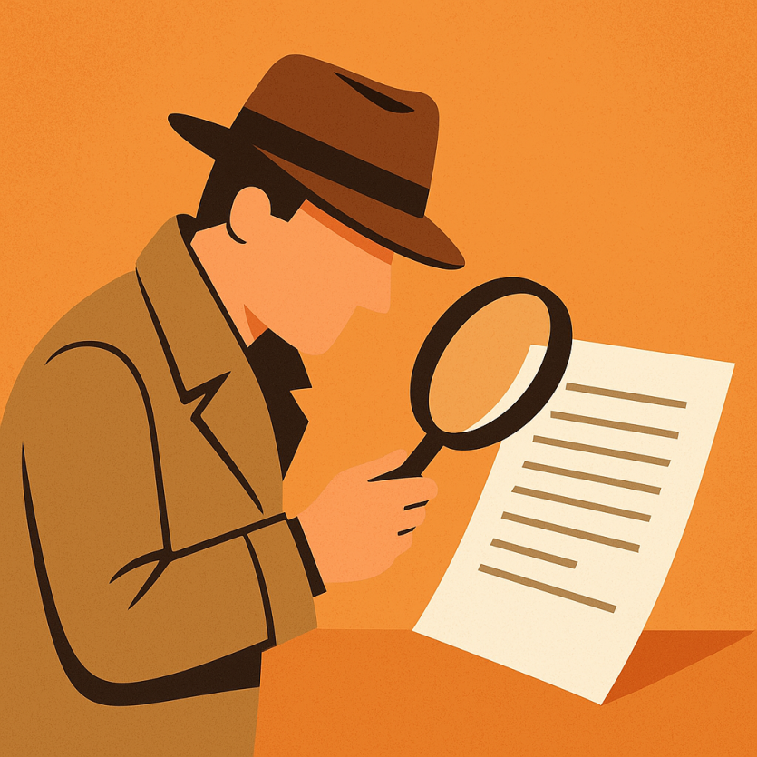 트렌치코트와 중절모를 쓴 탐정이 확대경으로 문서를 면밀히 관찰하는 모습을 표현한 평면 일러스트