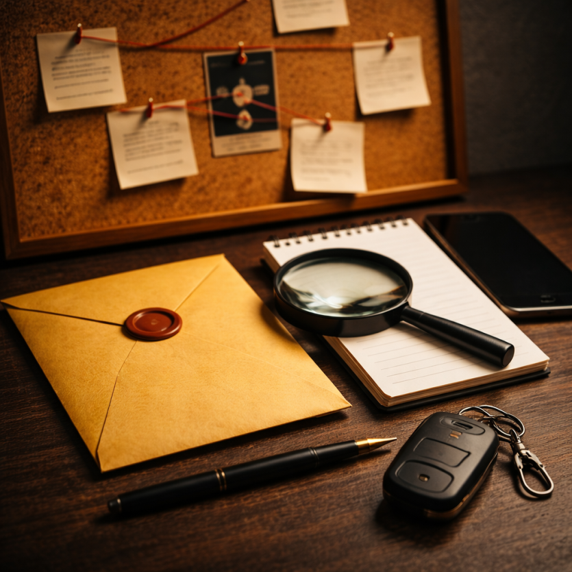 흥신소 심부름센터의 조사 업무를 상징하는 돋보기와 봉인된 봉투, 메모 노트, 스마트폰이 놓인 조사 데스크 이미지