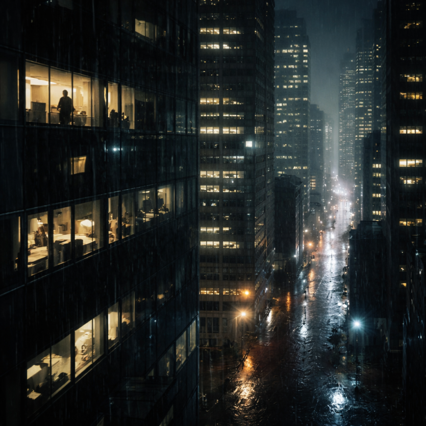 비 오는 밤 고층 빌딩 외벽과 흐릿한 가로등 불빛이 어우러진 도시 공간으로 비밀 조사 분위기를 표현한 이미지